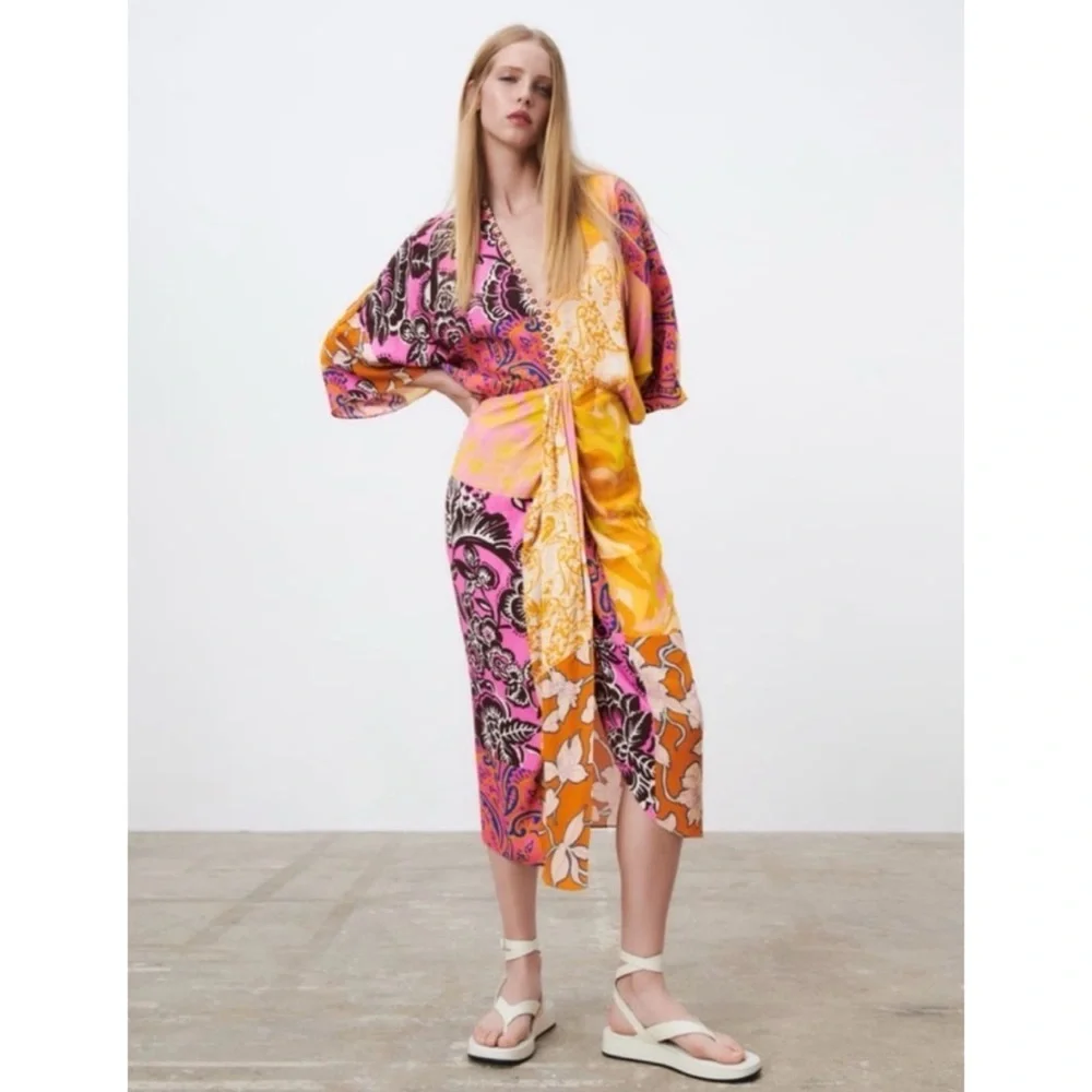 zara boho midi dress ZARA printed midi maxi long cut out boho bohemian summer dress size M 9878/174